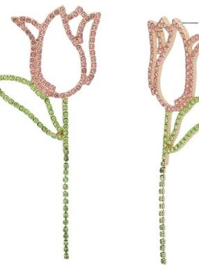 Betsey Johnson Pink/Green Pave Rhinestone Tulip Earrings, NEW WITH TAGS